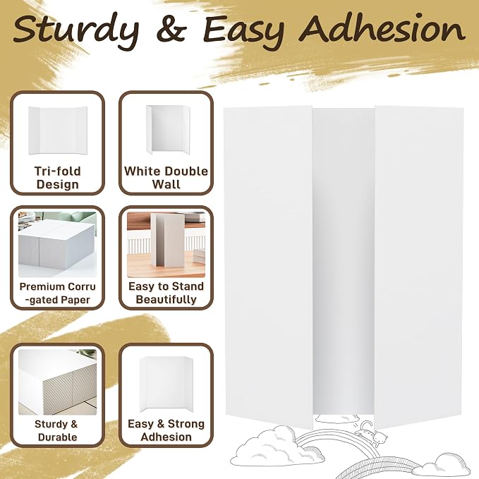PSHVYM 4 Pcs Small Trifold Poster Board, 21.5 x 14 inches Poster Board with Double Sided Tapes and Cardboard, Corrugated Presentation/Display Board for School Project, Science Fair, Business