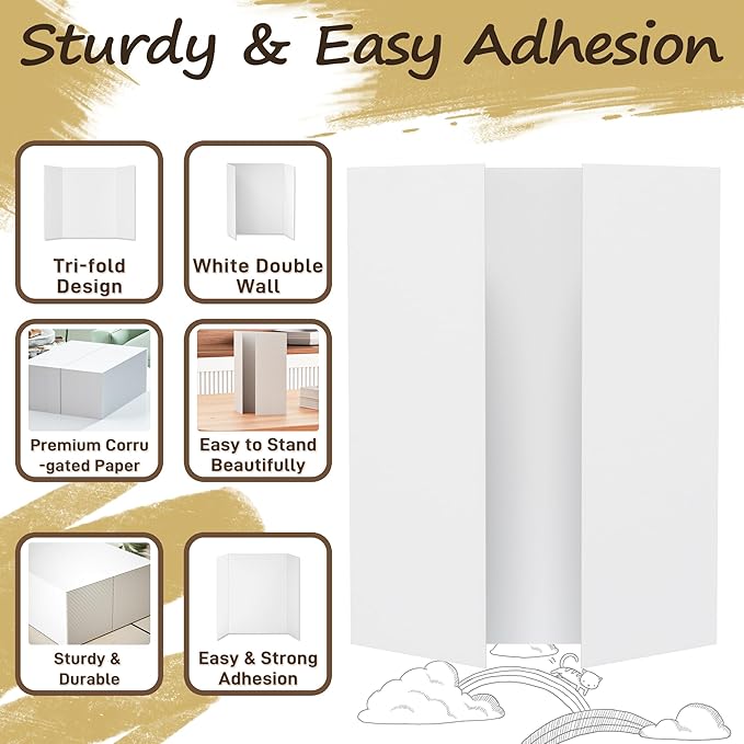 PSHVYM 4 Pcs Trifold Poster Board, 26 x 17 inches Poster Board with Double Sided Tapes and Cardboard, Corrugated Presentation/Display Board for School Project, Science Fair, Business