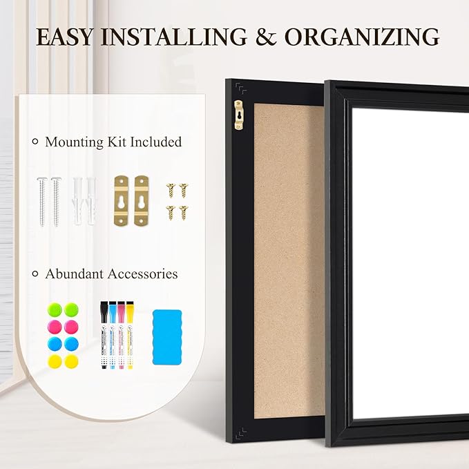 4 THOUGHT Magnetic Whiteboard 36" x 24" Dry Erase Board Wood Frame Wall-Mounted Decorative White Board Monthly Planner Notice Board for Office School Home with 8 Magnets 4 Markers 1 Eraser, Black