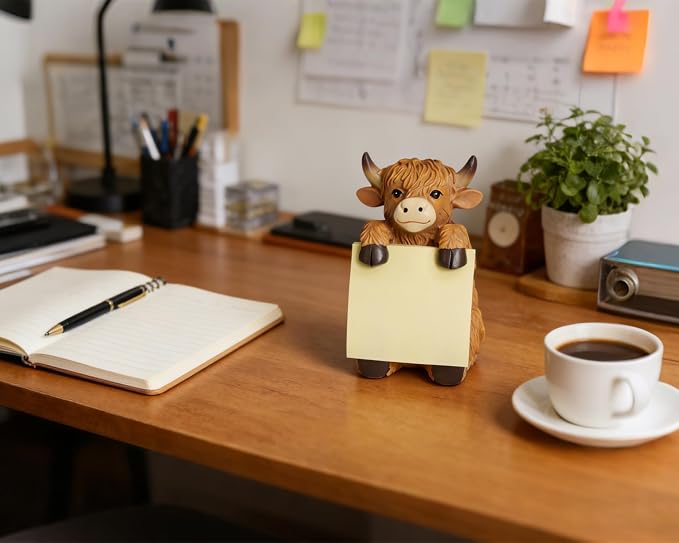 Highland Cow Pop-Up Sticky Note Dispenser with 100 Sheets 3 x 3 Inch Notes, Handmade Resin Highland Cow Desk Decor for Office, Home & Classroom, Gift for Teachers & Coworkers - Brown