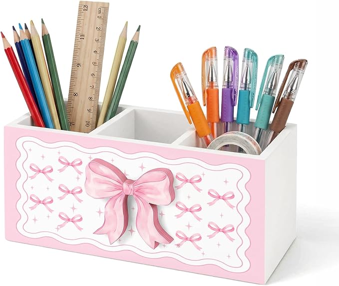 Pink Bow Pen Pencil Holder for Office Desk Pink Bow Office Decor Wooden Coquette Organizer Desktop Decor Gift for Girls Cute Makeup Brush Toothbrush Holder for Bathroom Desk Accessories