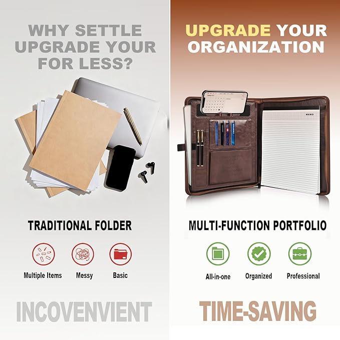 Leather Portfolio for Men and Women – Business Binder Portfolio, Professional Organizer for Men and Women, Christian Gifts, Laptop & iPad Case, Bible Notepad Holder (Brown)