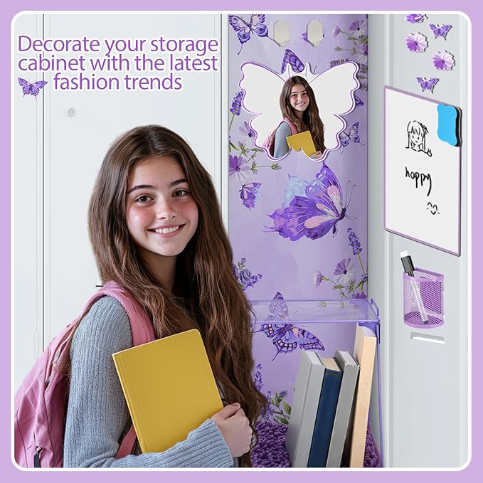 18 Pcs Purple Butterfly Locker Accessories Kit for Girls Back to School Essentials with Magnetic Wallpaper Shelf Mirror Pen Holder Dry Erase Pen Rug Nails Locker Decorations for Office School Supplies