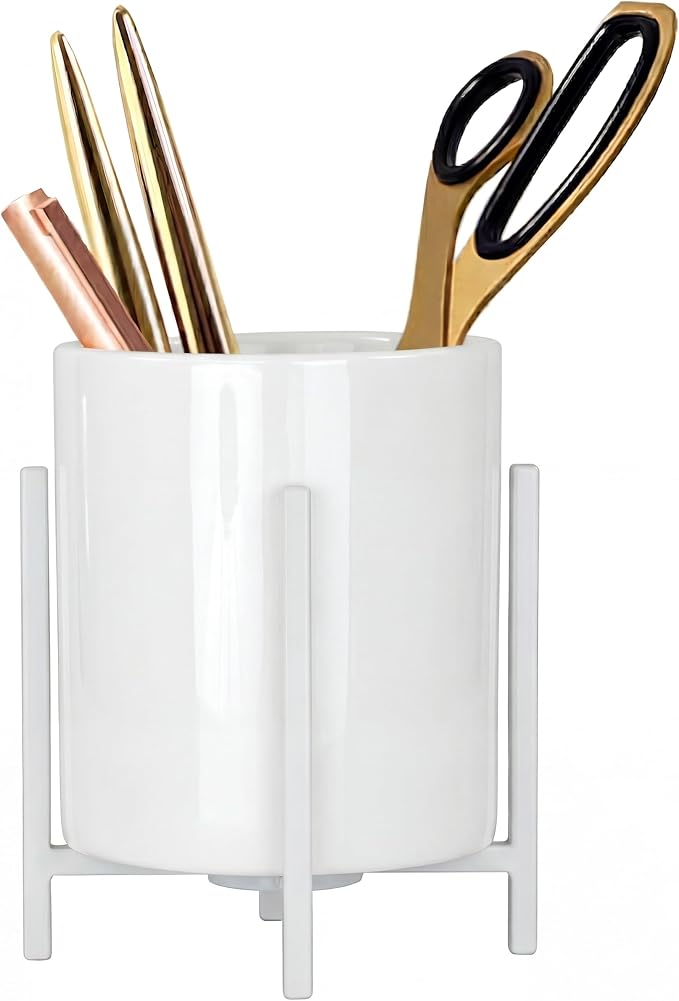 Ceramic Pen Holder for Desk, Durable Ceramic Pencil Cup Holder for Womens Girls, Makeup Cup for Brushes, with 4 Legs Metal Frame