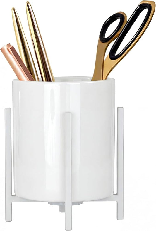 Ceramic Pen Holder for Desk, Durable Ceramic Pencil Cup Holder for Womens Girls, Makeup Cup for Brushes, with 4 Legs Metal Frame