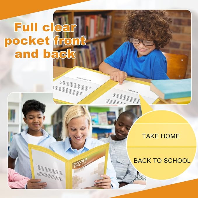 Henoyso 48 Pcs Take Home Folder Heavy Duty 2 Clear Front Pockets and 2 Inside Pockets Homework Folders for School Students Parent Teacher Classroom Communication (Yellow)