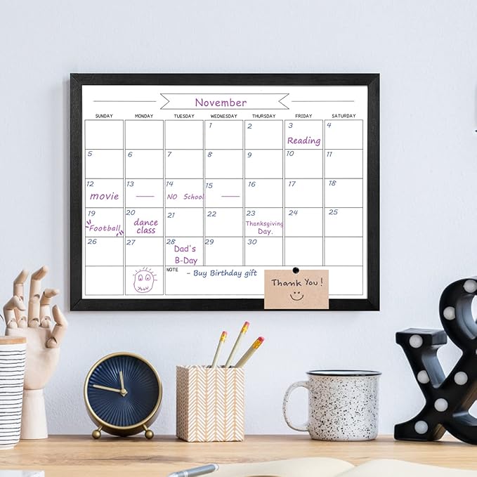 Dry Erase Monthly Calendar Whiteboard, Magnetic White Board for Wall, Hanging Board for Office, Home School, Solid Pine Wood Black Framed Message Board, 13"x 17"(YL-BK-3343-B)