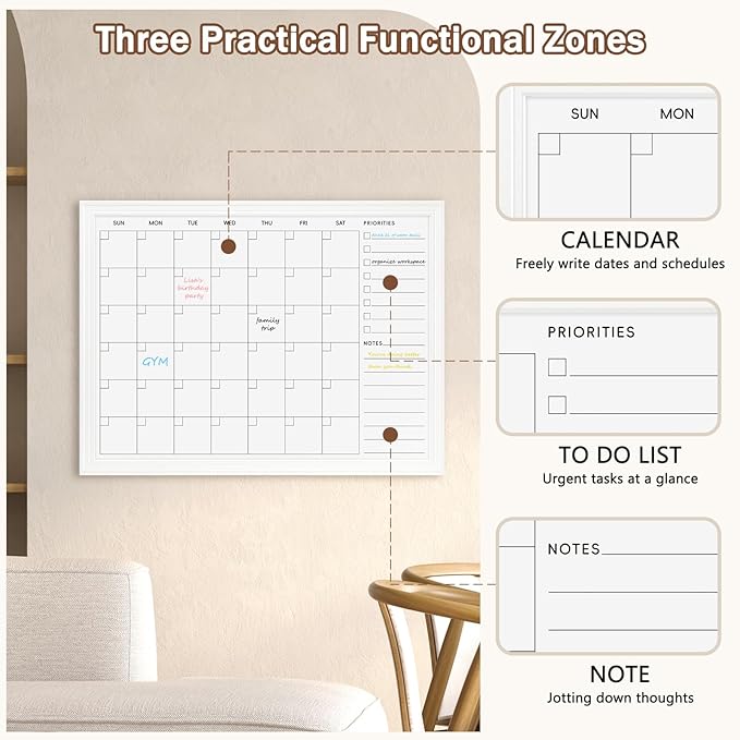 DOLLAR BOSS Magnetic White Board Calendar 24''x 18'', Monthly Dry Erase Planner for Wall with White Wood Style Frame for Office, School, Dorm, Home Decor