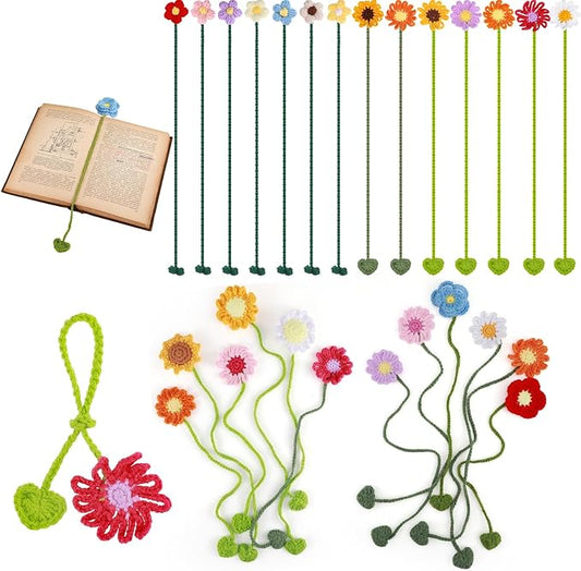 AmazingSpark 24 Pcs Flower Crochet Bookmarks Women Personalized Crochet Handmade Knitted Bookmark Flowers Bulk for Book Lovers and Teachers