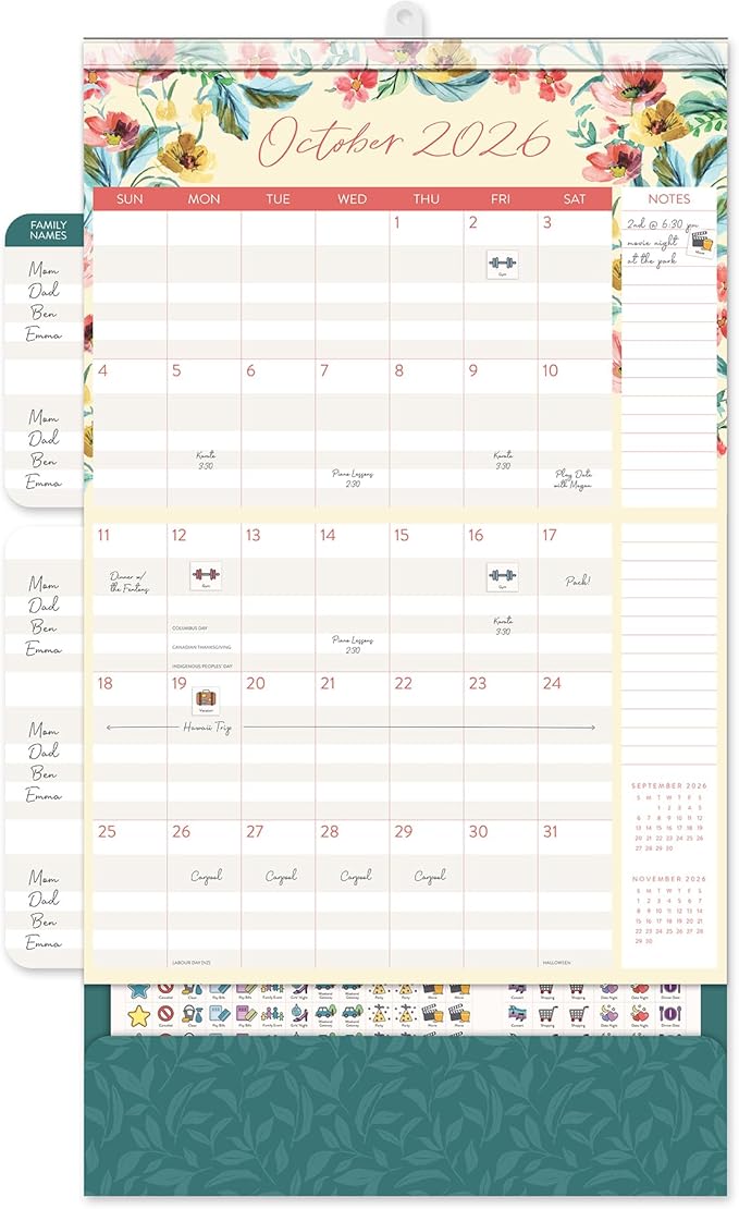 Orange Circle Studio 2026 Do It All Wall Calendar, Bella Flora, Family Monthly and Weekly Planner, Hanging Organizer, Aesthetic for Office, Home or School Use, Magnetic and Nail Hanging Options
