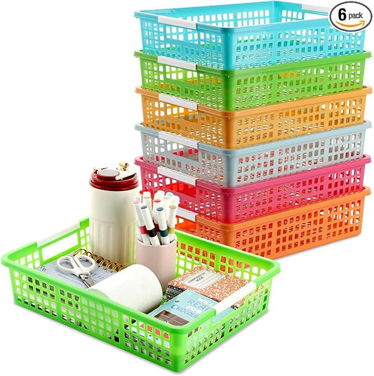 6 PCS Plastic Classroom Turn in Paper Trays Storage Bin Basket Organizers Holds 4A Paper File for School Teacher Supplies Classroom Office Home Organization and Storage Tray (Bright)