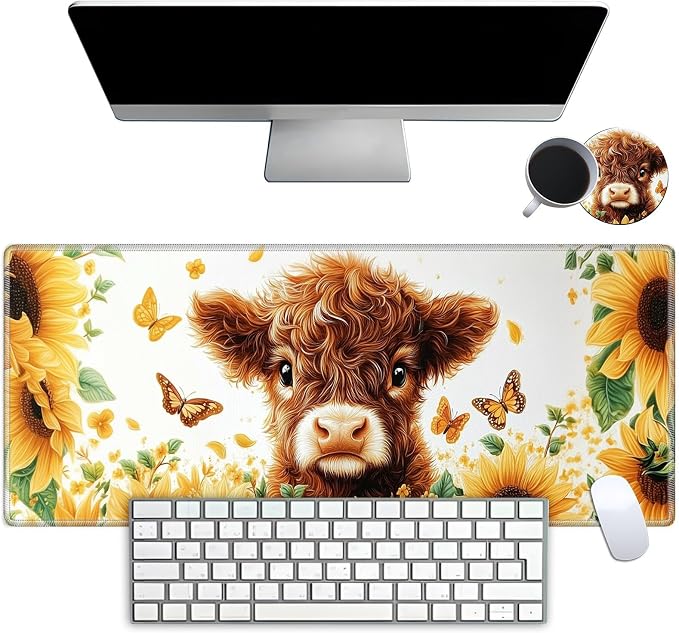 Mouse Pad Gaming Mousepad 31.5x11.8 Inch XXL Large + Coasters,Desk Mat with Stitched Edges, Non-Slip Rubber Base, Thick Mouse Pad for Computer, Laptop, Office & Home - Sunflower Highland Cow