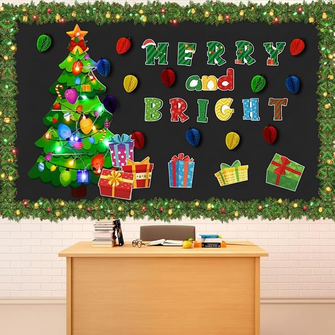 Zhanmai Christmas 3D Bulletin Board Set Paper Cutouts with String Lights Holiday Wall Bulletin Board Decorations for Home Office Holiday Party Supplies(Merry and Bright)