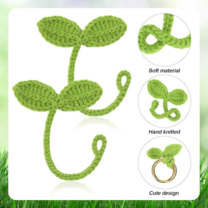 2pcs Knitted Crochet Leaf Sprout, Handmade Crochet Plant Bookmark Green Sprout Crochet Ornament Knitted Bookmark Decorative Leaf Embellishment for Cable Tie, Headphone Accessory