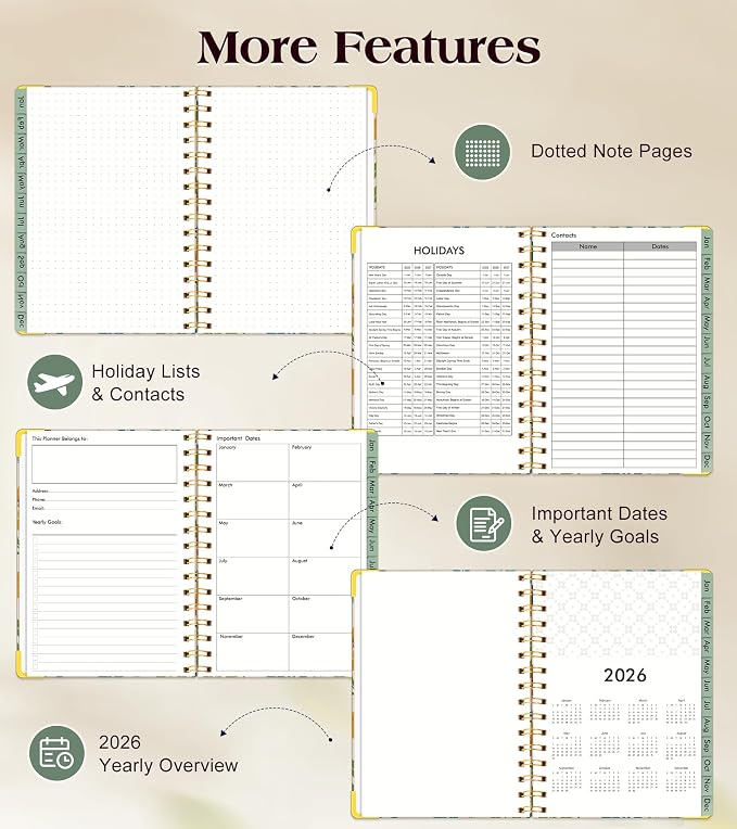 2026 Planner, Hardcover Weekly and Monthly Planner for Women, January 2026 - December 2026, Spiral Yearly Agenda Organizer Book 2026 with Tabs, Daily Calendar Planners for School Work Home, A5 (5.75" x 8.38"), Yellow Floral