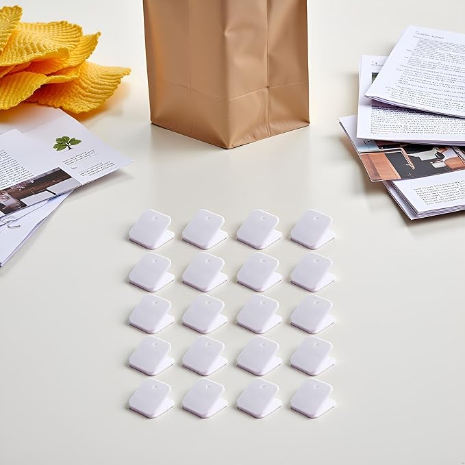 GANPUB 20Pcs White Plastic Chip Bag Clips Sealing Food Clips Snack Bag Clips Photo Clips Binder Clips Paper Clamps Hinge Clips Tape Adhesives and Fasteners