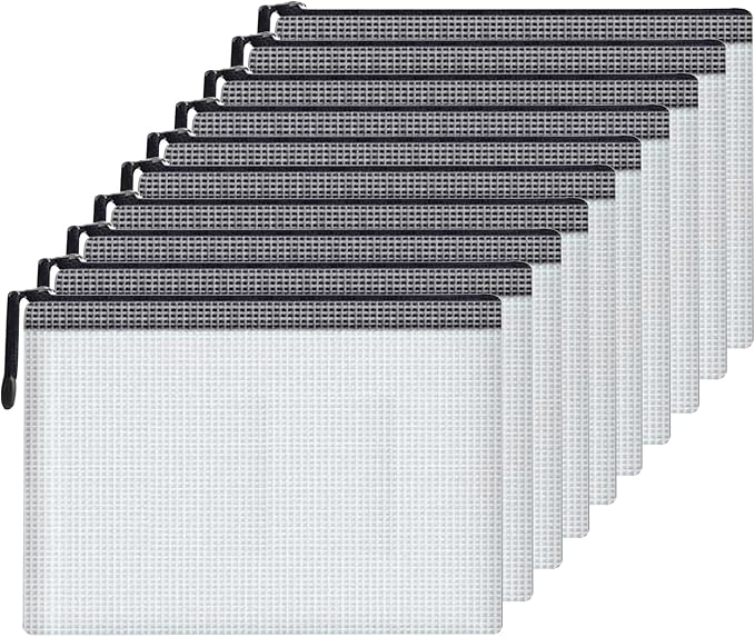 Mesh Document Bag Set of 10, Waterproof Zipper Pouch / A4 Size Zip File, for Household Daily Storage School Office M-D-2B (Black, A5 (9.4×7.1 Inch))