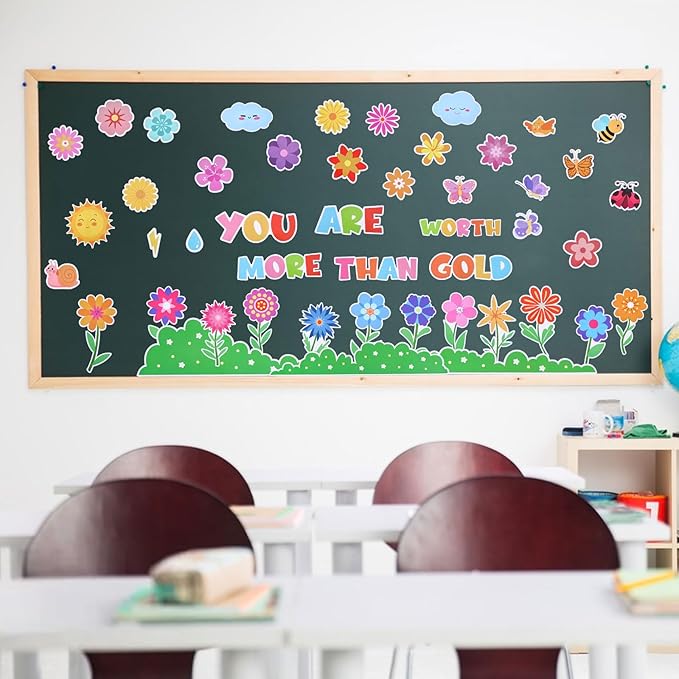 GLOBLELAND Bulletin Board Decorations Set You are Worth More Than Gold Flower Cutouts Ppaer Decor Bulletin Boards Paper Butterfly Crafts for Wall Decor