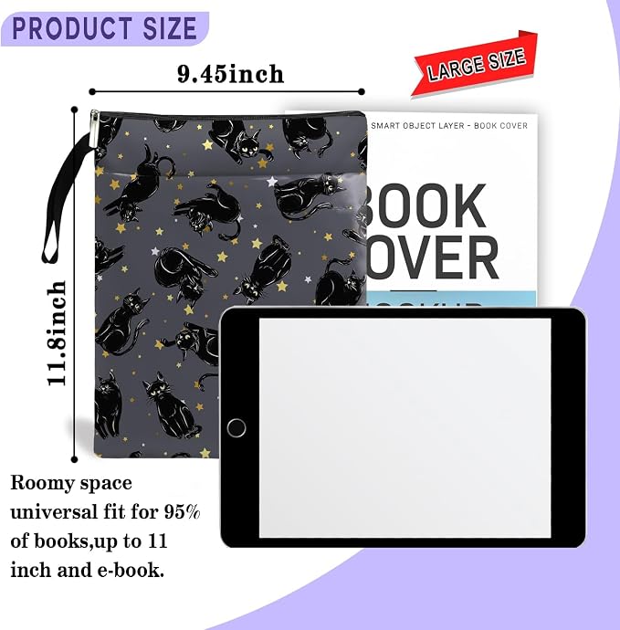 Cat Book Sleeve,Book Covers for Paperbacks,Book Sleeves with Zipper, Book Pouch Cat Lover Gifts for Women Teacher Daughter Graduation Birthday Gifts (Black Cat 02, Large)