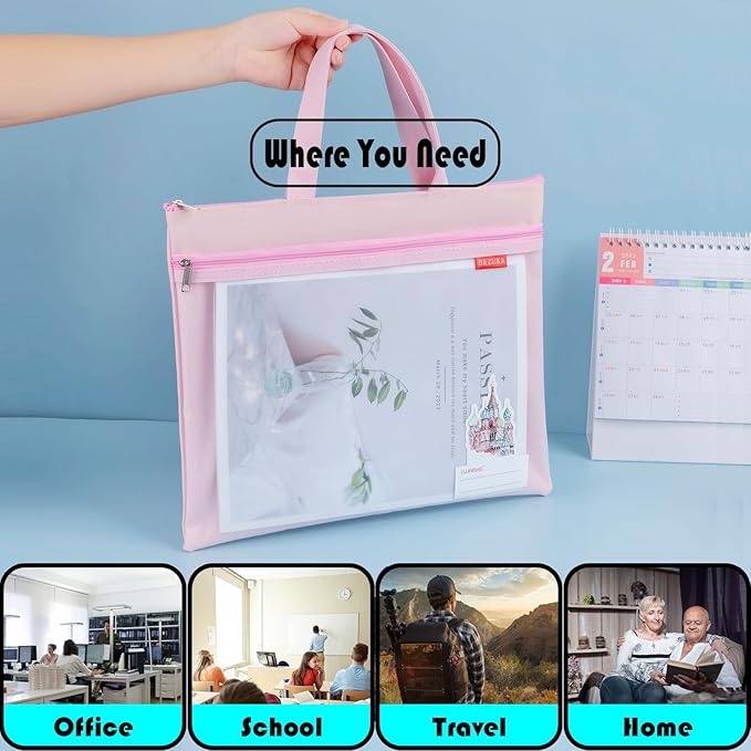 Mesh Zipper Pouch 11x13.7 in, A4 Double Pocket Waterproof File Bag with Handle, Document Storage for School/Travel/Office/Puzzle (Pink, 2pcs)