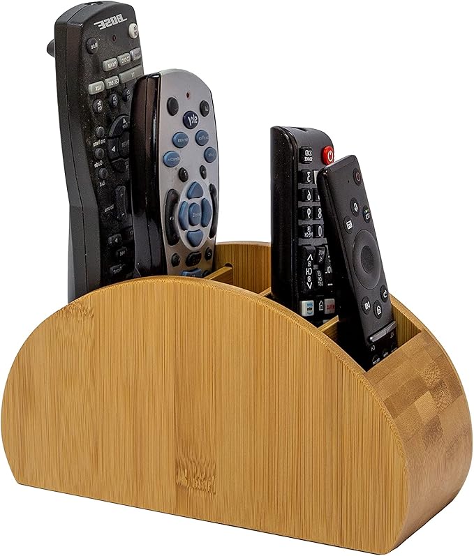 OSCO Bamboo Remote Organiser | 5 Compartments | Office Tidy | TV Control Storage | Pen Holder | Makeup sorter | Cosmetics Display | H11.9 x W22.3 x D8.2 cm |
