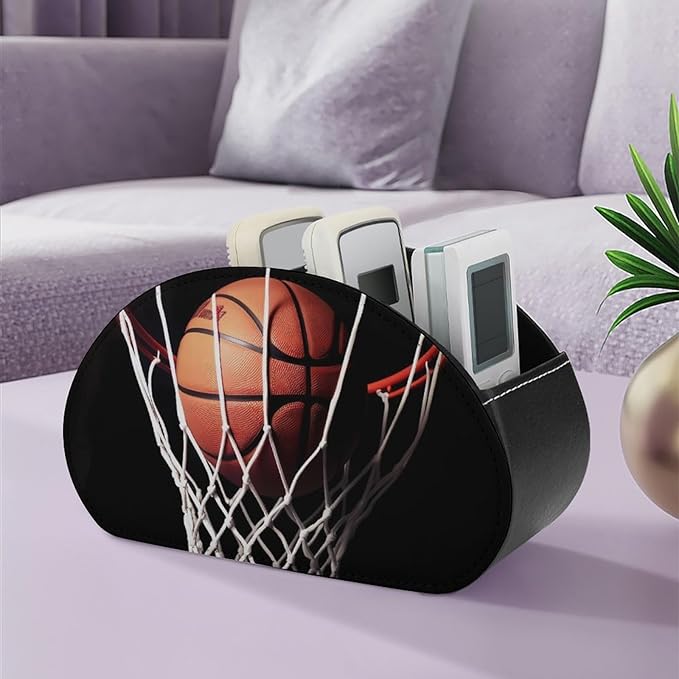 PU Leather Basketball Remote Control Holder Caddy with 5 Compartments Nightstand TV Remote Caddy Small Desktop Organizer Storage for Remotes Makeup Office Supplies