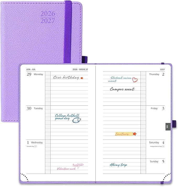 POPRUN 2026-2027 Pocket Weekly Planner Calendar, Size 4'' x 6.25'', Academic Planner (Jul 2026 - Jun 2027) Horizontal Layout with Lined Sections, Leather Hardcover, 100GSM Paper - Lavender