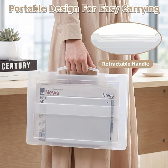 SAYEEC Portable Project Case Plastic File Storage Box with Handle Transparent Scrapbook Container for 8.5"x11" Letter A4 Paper Magazine Book Protector Travel Carrying Case for Photo Art Craft Office