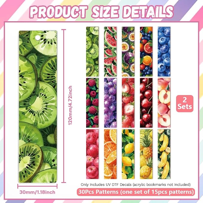 Peacoblue 30pcs UV DTF Bookmarks Transfer Stickers Wraps Fruit Series for Women Men Reading, Waterproof Bookmarkers Decal(No Blank Bookmarks) for Acrylic Plastic Metal Blank Bookmark