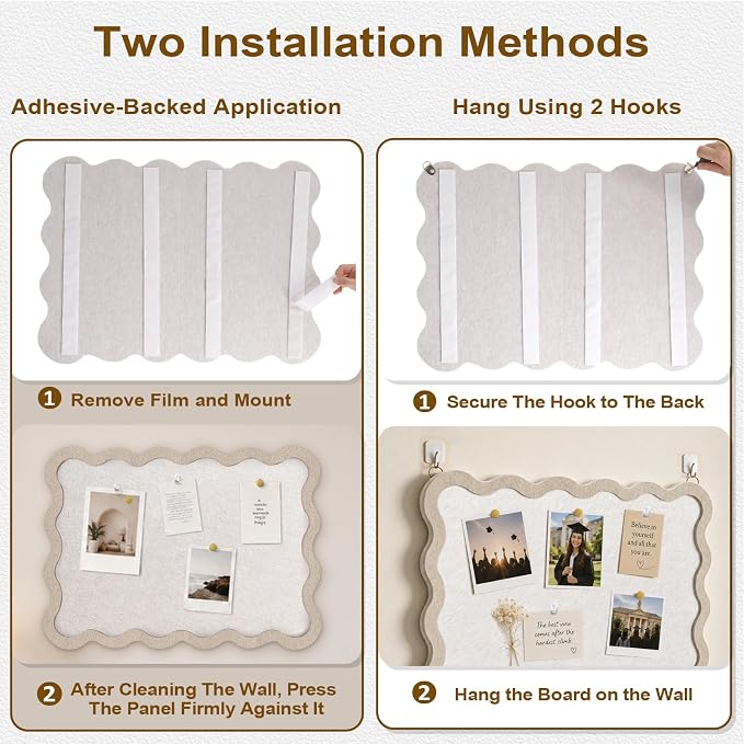 Scalloped Felt Bulletin Board, Sized 24" x 18" Felt Cork Board Alternative for Office & Wall Decor, Customizable Adhesive Tiles with Pins Hooks for Photo Display School Home Office, Oatmeal
