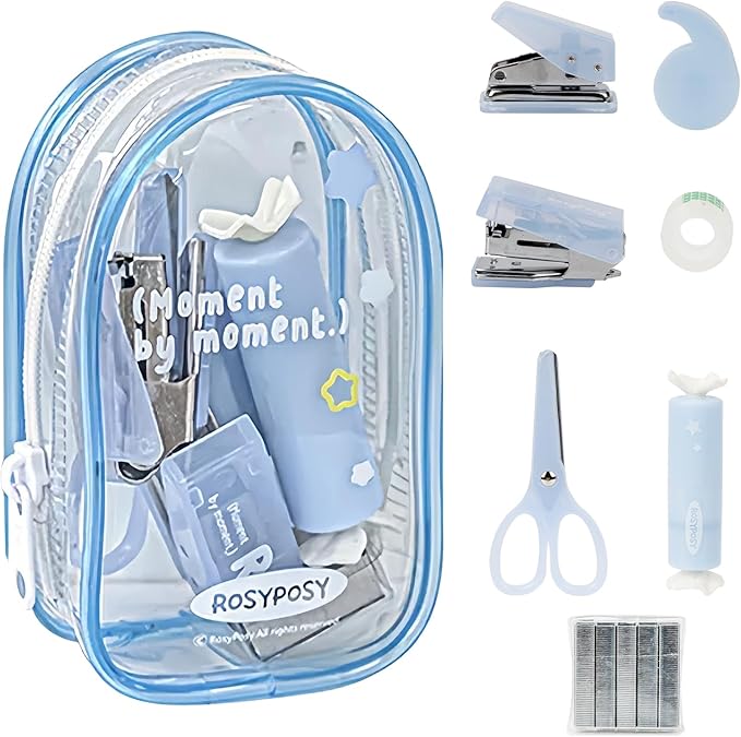 7PCS Office Supplies Kit - Mini Size for Portability, Set for Convenient and Efficient Office Work, Back to School, Mini Stationery Organizer Set: Compact Scissors, Hole Punch, Portable