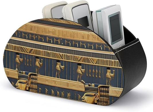 Egyptian Pharaonic Frescoes Remote Control Holder PU Leather Remote Caddy TV Remote Storage Box with 5 Compartments Pencil Storage Box Makeup Brush Holder Office Supplies