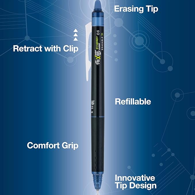 Pilot FriXion Synergy Clicker Erasable, Refillable, Retractable Gel Ink Pens, Extra Fine Point 0.5 mm, Pack of 8, Navy Ink, FriXion Erasable Pens 0.5 - Ideal for School & Office Writing
