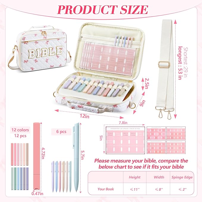 Sinload Quilted Bible Cover Case for Women 12 x 9 x 2.5 Inch Bible Chenille Letter Bag with Shoulder Strap Carrying Tabs 6 Colored Pens 12 Highlighters Christian Church Study Gifts(Pink,Bow)
