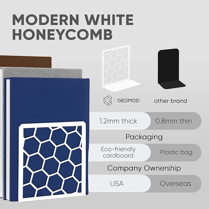 White Geometric Honeycomb Metal Bookends - Book Ends for Shelves - Decorative Modern Heavy Duty Bookend Stopper - Book Ends for Heavy Books - Home Office Book Holder - 1 Pair, 6x3.25x6.25 in