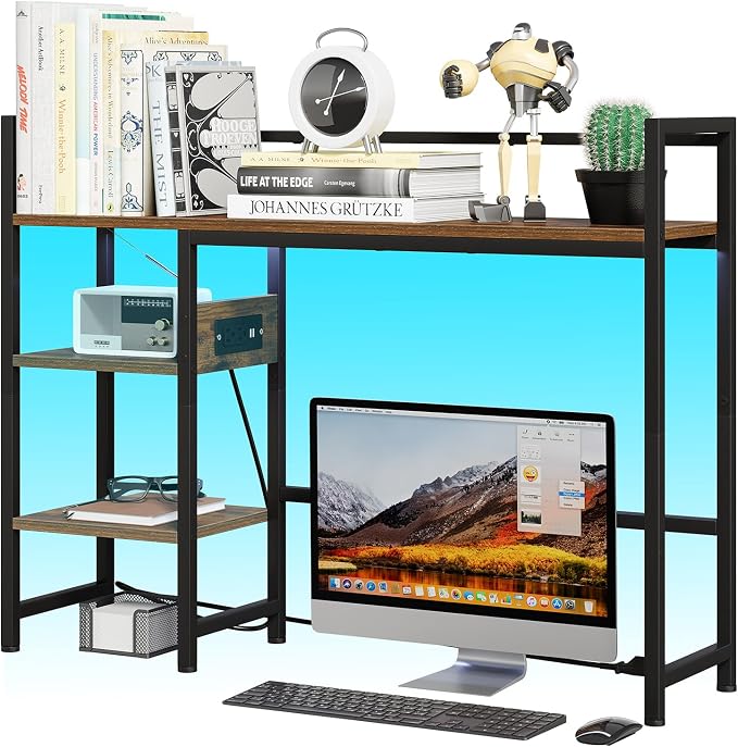 Book Shelf with 3 Tier Open Shelf, Bookcase with Light Strip and Outlet, Bookshelf & Desk Shelfs for Computer Desks, Desk Hutch Bookshelfs for Home Office Adjustable Desktop Shelf Rustic Brown