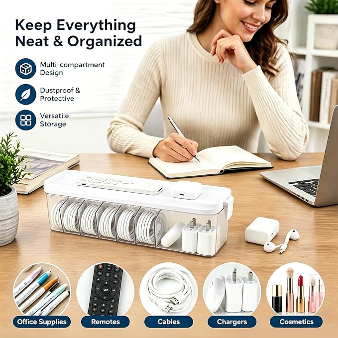 TexHome Charger Cable Organizer Box with Lid Plastic Cord Storage Box with Wire Ties, Electronics Cord Organizer for Home Drawer Office Desk Accessories Storage