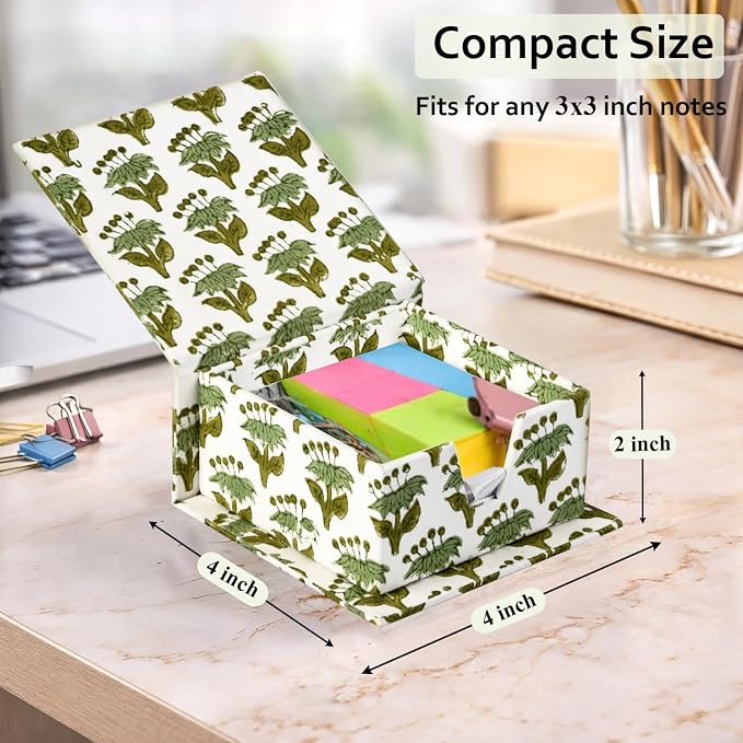 CPC Emerald Green Block Print Cotton Desk Organizer Sticky Note Holder, 4'' X 4'' X 2'' Cute, Aesthetic, Decor Accessories, Workspace Organizers, Caddy Storage, Gift for Office, Professionals, Student