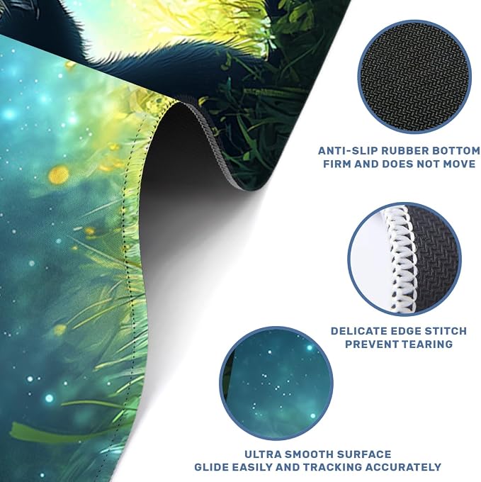 Black Cat Gaming Mouse Pad 35.4 x 15.7 Inches Starry Sky Grass Fantasy Night Light Desk Mat Mouse Mat XXL Laptop Keyboard Pad, Laptop Keyboard Mousepad Aesthetic Accessories for Women