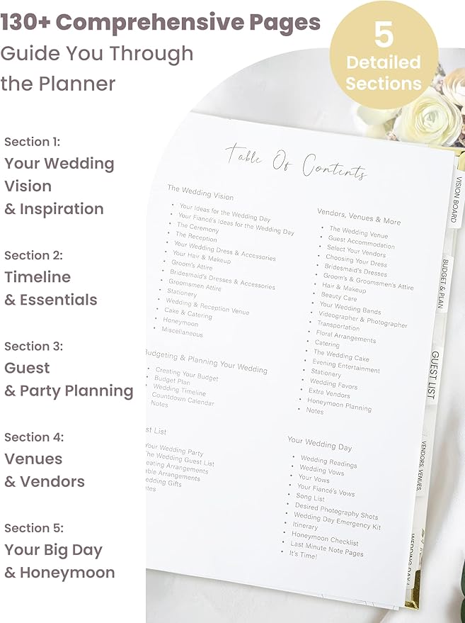 Wedding Planner Book and Organizer for the Bride, 9x12" Wedding Planning Book with 5 Tabbed Sections, Pockets, Checklists, Calendars, Countdown, Metal Corner, Engagement Gifts for Couples, Floral