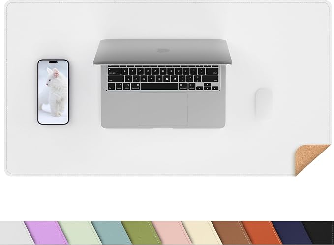 AFIING Cork Desk Mat 23.6 x 13.7, Dual-Sided Cork & PU Leather Desk Pad, Waterproof Non-Slip Desk Protector for Home Office, Study Desk & Minimalist Workspace White
