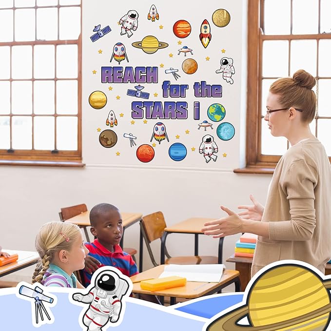 68 Pcs Outer Space Classroom Bulletin Border Decoration Star Cutouts Planet Astronaut Spacecraft Instrument Cutout Reach for The Stars Cutouts for Space Themed Classroom Chalkboard Wall (Outer Space)