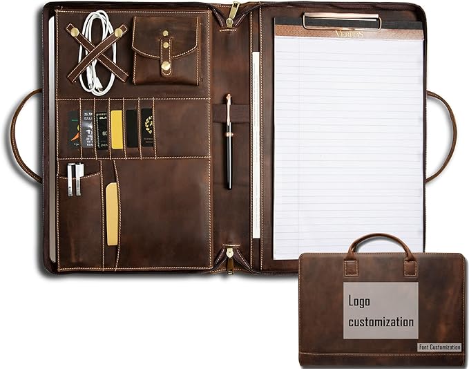 Genuine Leather Portfolio, Padfolio Organizer with Handle, Personalized Padfolios，Padfolios with Zipper for Men Women，Suitable for 15-inch Laptop Legal Pad Padfolio, Dark Khaki