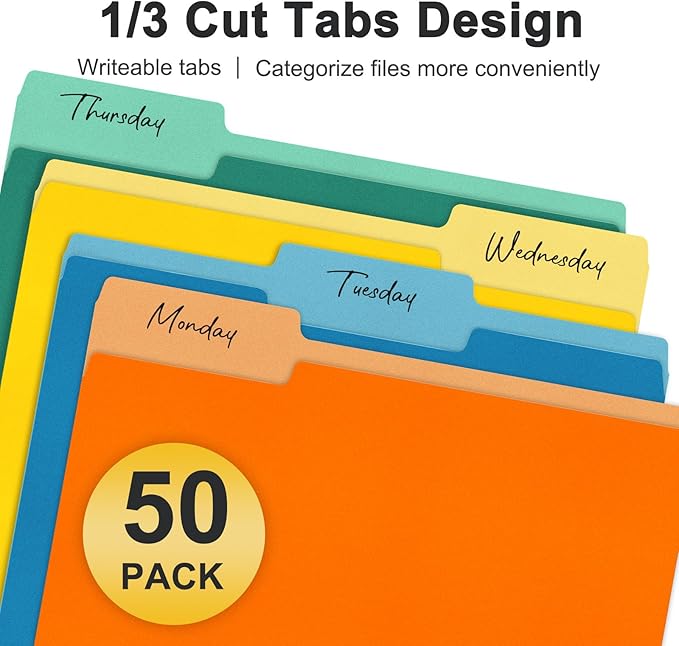 ViVin Colored File Folder, 50 Pack, 1/3-Cut Tabs, Letter Size | Multicolored,Fits 8.5*11 Paper, Manilla Folders, For Home Office School Documents
