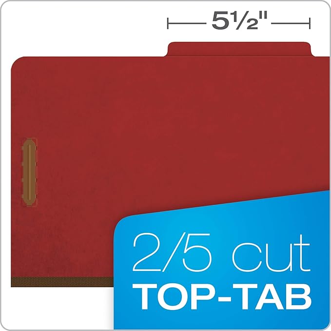 Pendaflex Recycled Classification File Folders, 1 Divider, 2" Embedded Fasteners, 2/5 Tab Cut, Legal Size, Red, Box of 10 (28775R)