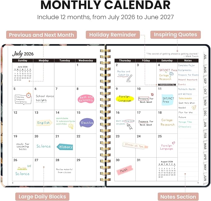 Planner 2026–2027, Academic Planner Weekly and Monthly Calendar Jul 2026 – Jun 2027 Hardcover Planner with Tabs and Pocket, Spiral Bound Agenda Book for Student & Teacher, 8.5" x 11", Evening Petals
