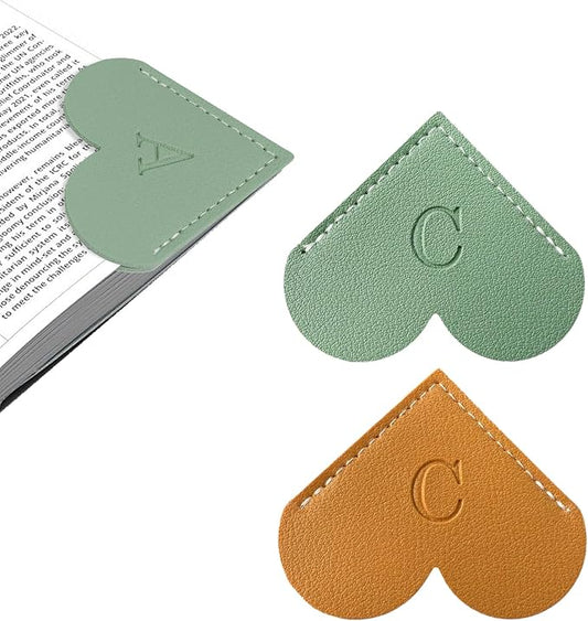 2Pcs Personalized Leather Heart Bookmark with Initial, 26 Letters Custom Corner Page Book Mark for Reading Women, Book Lovers, Teachers, Students, Cute Book Accessories Gifts(Green+Light Brown, C)