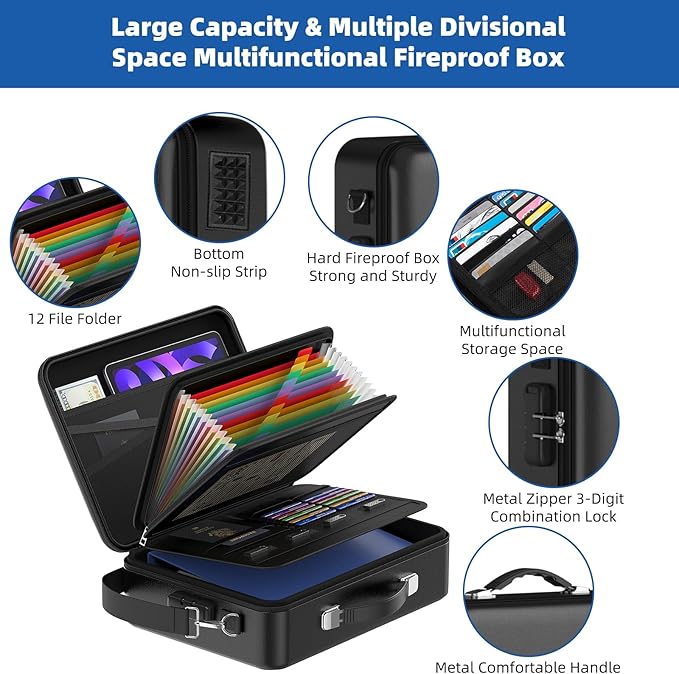 Fireproof Document Box with Lock, Durable Hard Case File Organizer Fire Safe Box, Hard-Shell Design Waterproof Fireproof Safe Important Document Organizer (Black with Shoulder Strap)