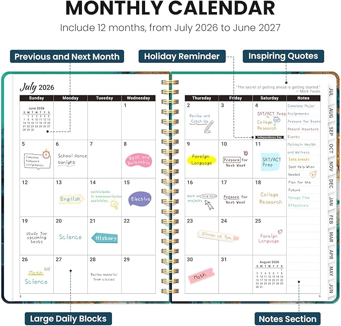Planner 2026-2027, Monthly and Weekly Academic Planner July 2026 - June 2027, Hardcover Student Teacher Planning Agenda Calendar Book with Tabs, Perfect for Office School Supplies, A4 (8.5" x 11") - Emerald Shores