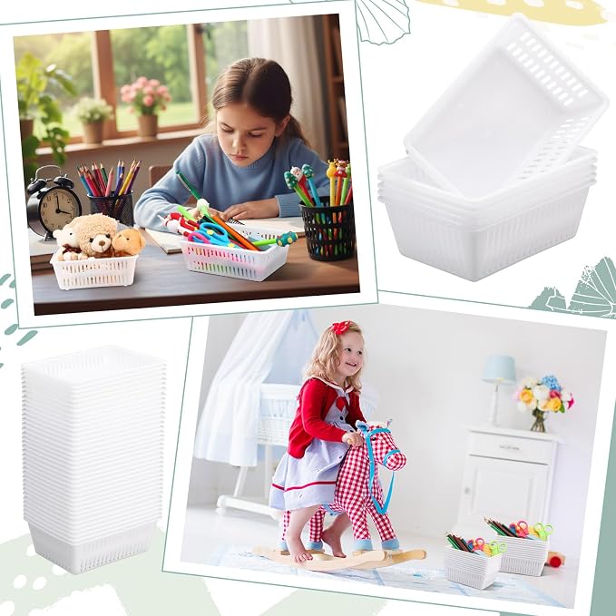 Sherr 36 Pack Classroom Storage Basket Small Plastic Basket for Organizing Crayon Pencil Container Storage Bin Tray Holder for Paper Shelf Back to School Office Supply 6.1" l x 4.3" w x 2.4" h(White)